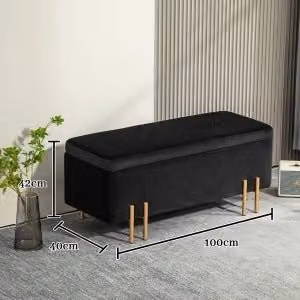 Panca contenitore imbottita con vano portaoggetti e piedi in metallo in poliestere nero 100×40×42 cm