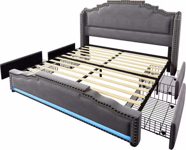 Letto matrimoniale moderno in velluto grigio con 4 cassetti, illuminazione LED e porte di ricarica USB e Type-C, materasso incluso, L/P: 140 x 200 cm