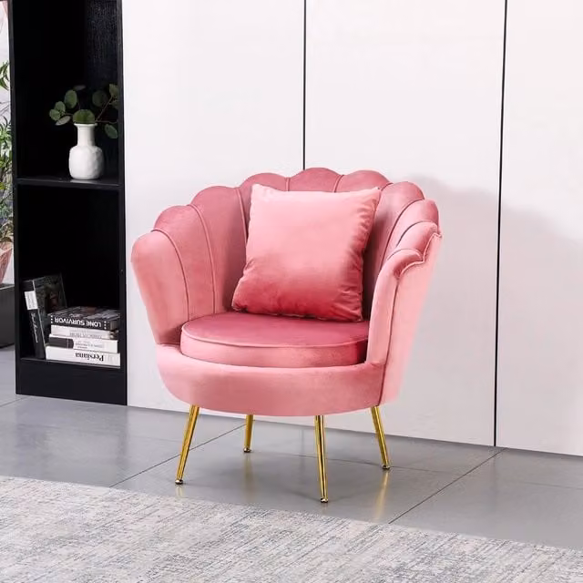 Poltrona Orel Tezeta a Conchiglia in Velluto Rosa con Struttura in Legno Massello