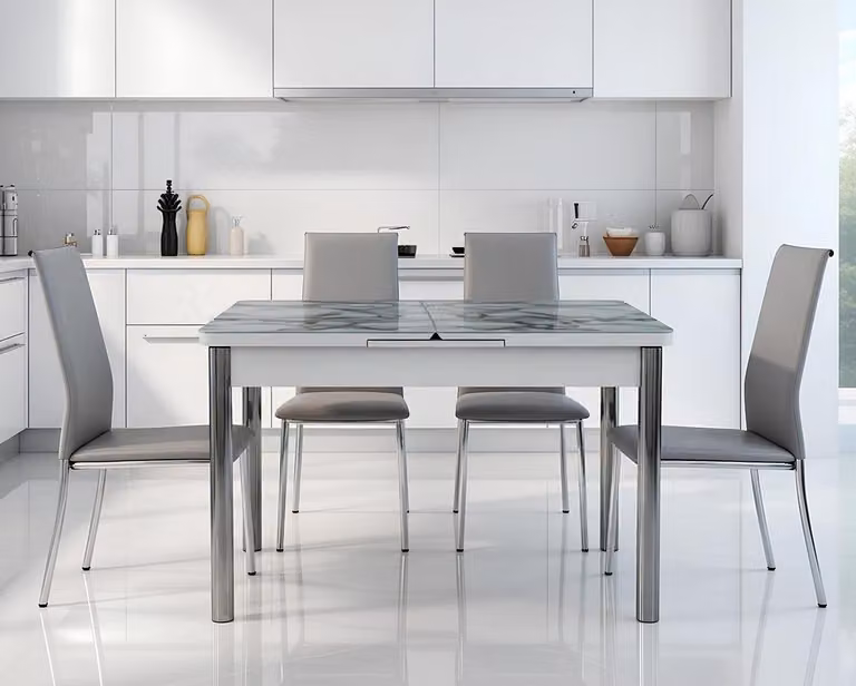 Tavolo da pranzo rettangolare, marmo grigio, design moderno, alluminio, confortevole, nuovo