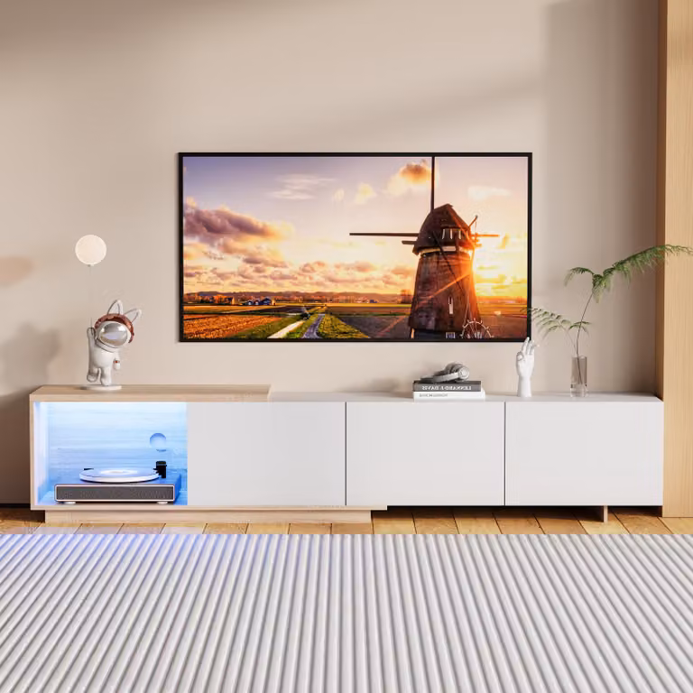 Mobile TV Moonbite estensibile, da 163 a 240 cm, con illuminazione LED in 3 colori, 3 cassetti rivestiti in tessuto e vani per cavi, realizzato in legno composito, colore bianco