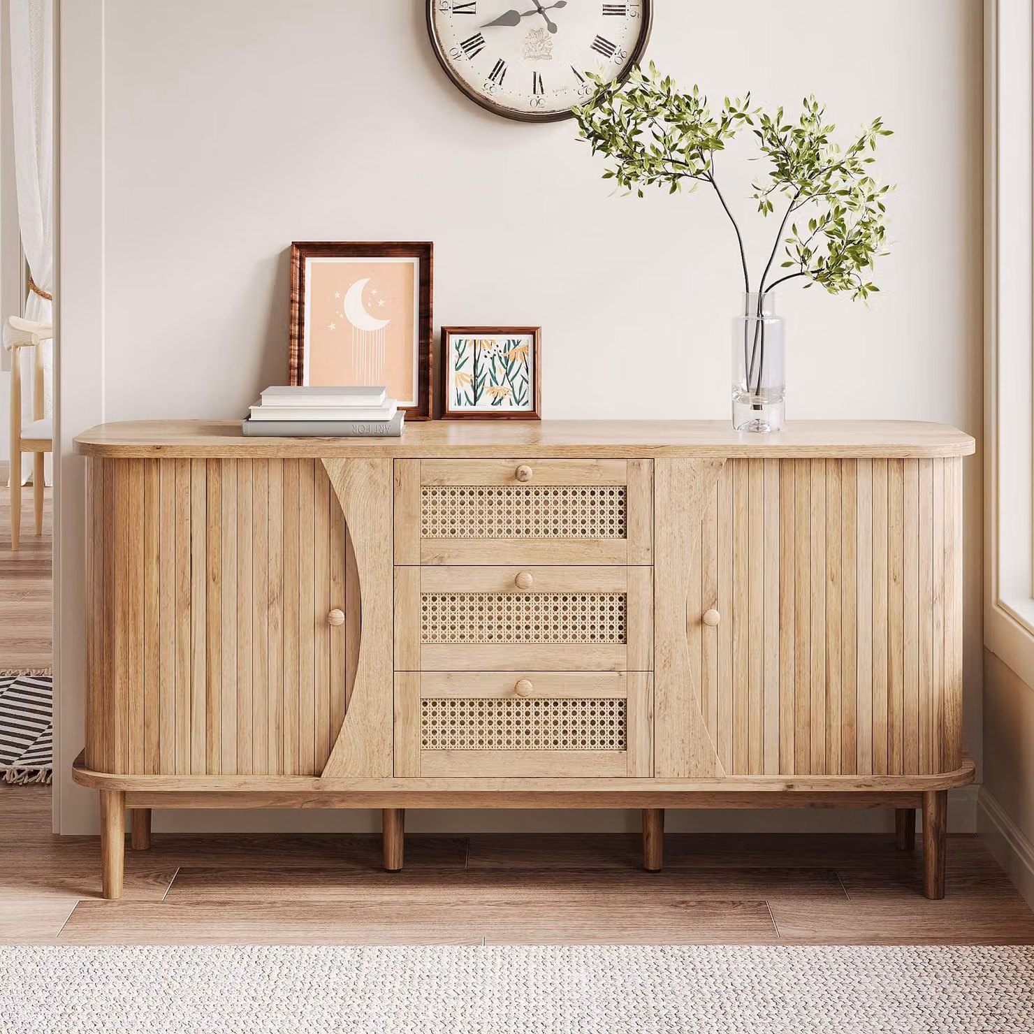 Credenza Merax 140,5x40x76 cm in look legno con cassetti in rattan, cassettiera con ante scorrevoli e piano arrotondato, ampio spazio per soggiorno, sala da pranzo e corridoio