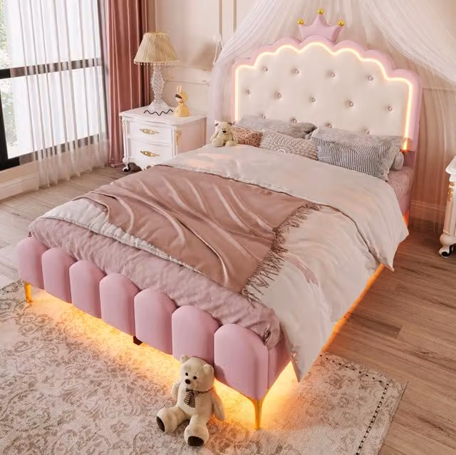 Letto imbottito ULEVR 140x200 cm rosa a corona con rete a doghe e luci LED, rivestimento in PU