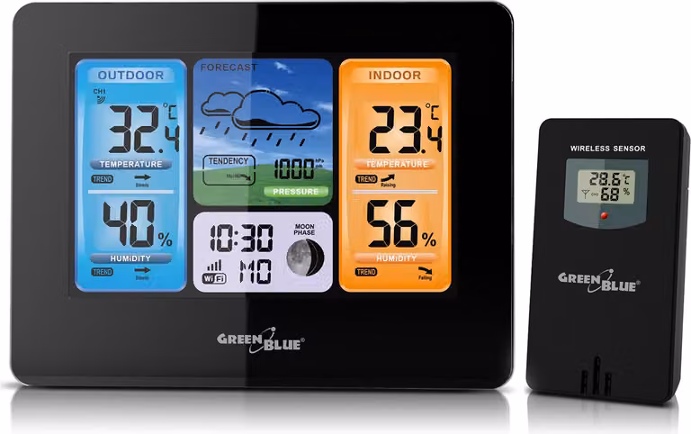 Stazione meteo Previsioni meteo App WiFi Display 7 lingue IPX4 VerdeBlu