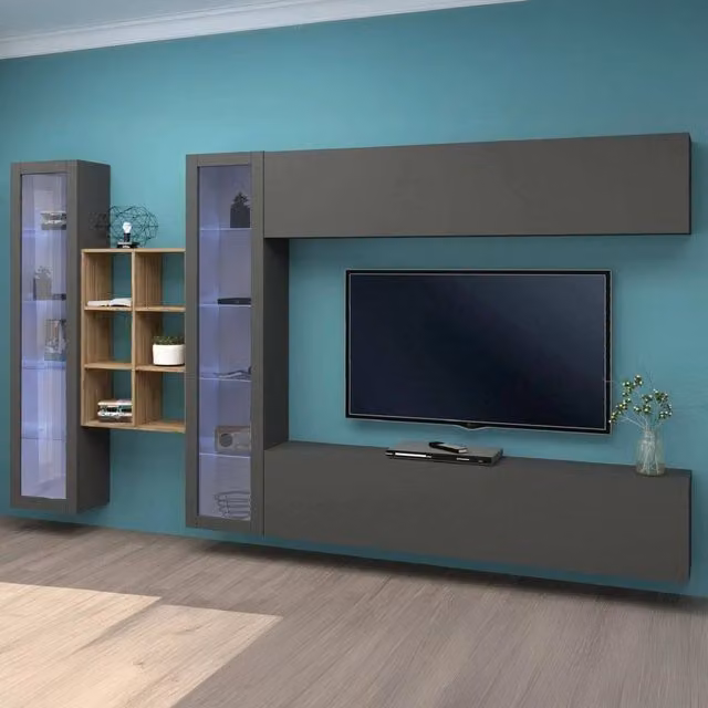 Parete attrezzata Alezio DMORA per soggiorno con porta TV a 4 ante, colore Antracite e Acero, L: 280 cm, H: 180 cm, P: 30 cm