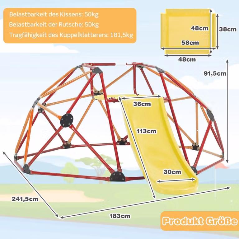 Cupola da arrampicata per bambini con scivolo, capacità 180 kg, arancione/rosso