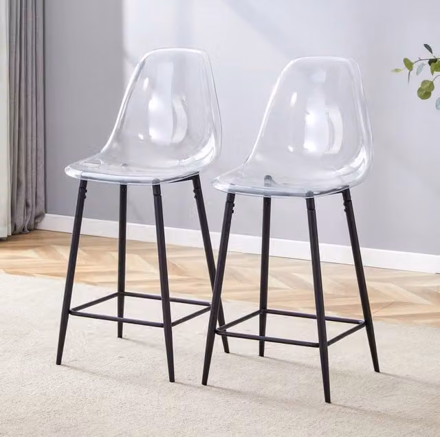 Set di 2 sgabelli alti trasparenti con struttura in metallo nero e poggiapiedi per cucina
