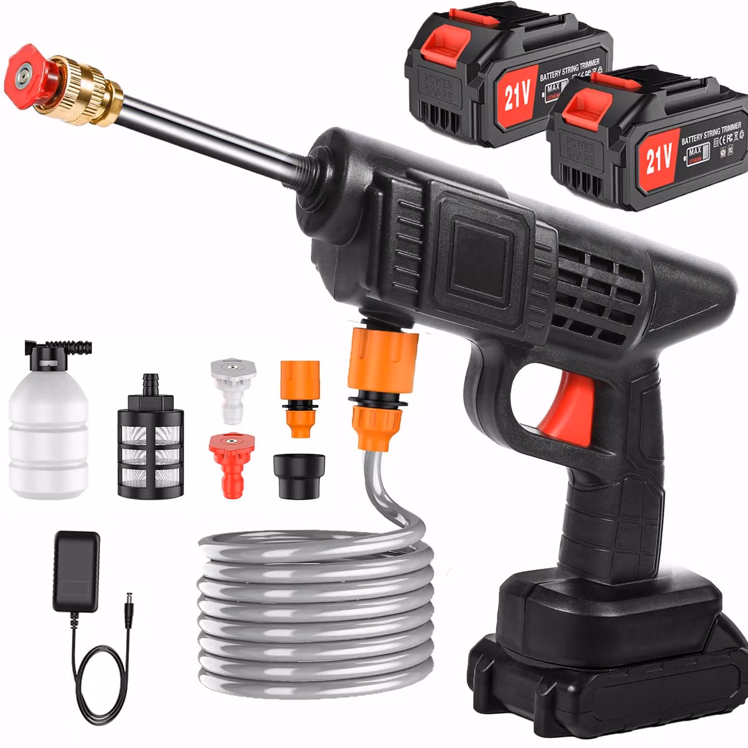 Idropulitrice portatile - Pistola di pulizia elettrica senza fili - Pistola per la schiuma, ideale per il lavaggio auto - 21 V - 2 batterie