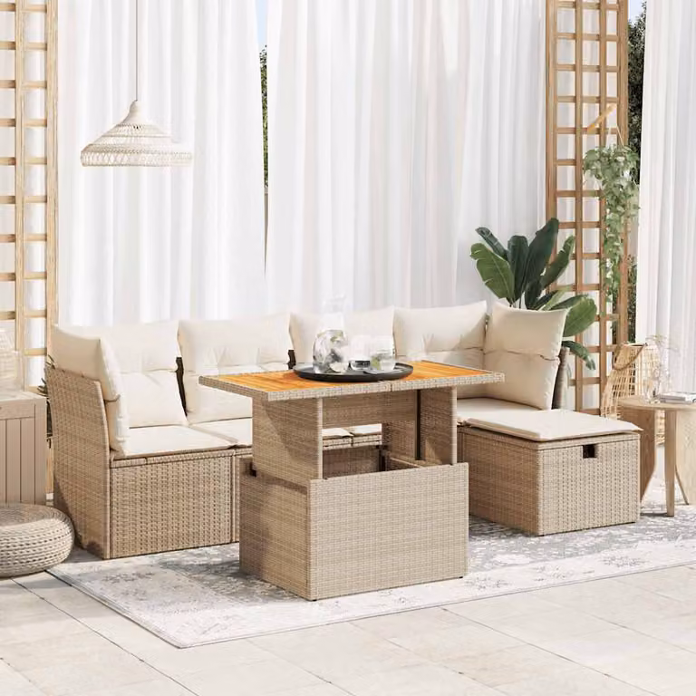 Set Divano da Giardino vidaXL 6 pz con Cuscini Beige in Polyrattan e Legno di Acacia