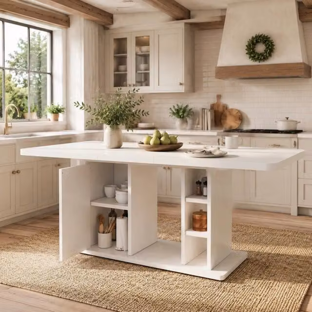 Tavolo allungabile da 6 a 8 persone con mobile e vani aperti, piano spesso 3 cm, stile scandinavo in MDF bianco