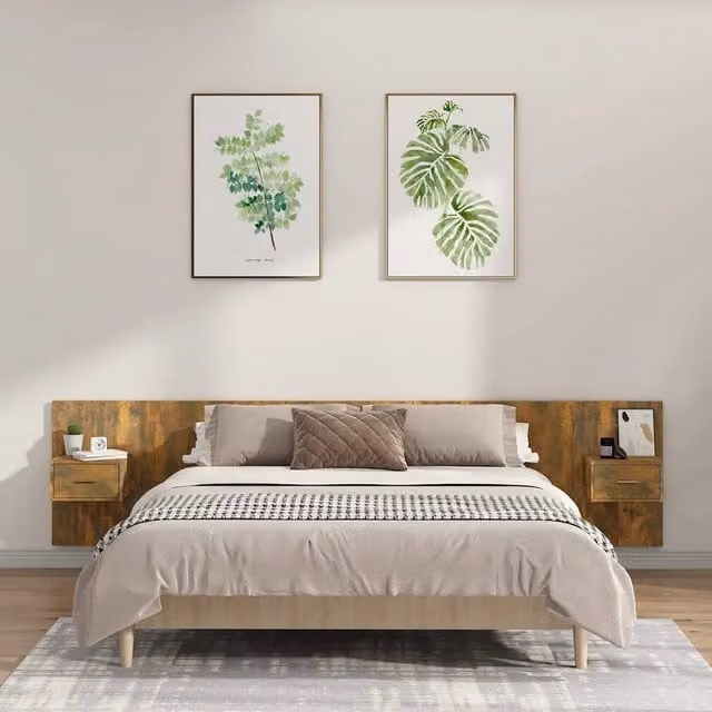 Testiera Letto con Comodini-Testiera con Contenitore in Legno Multistrato Rovere Fumo 873764