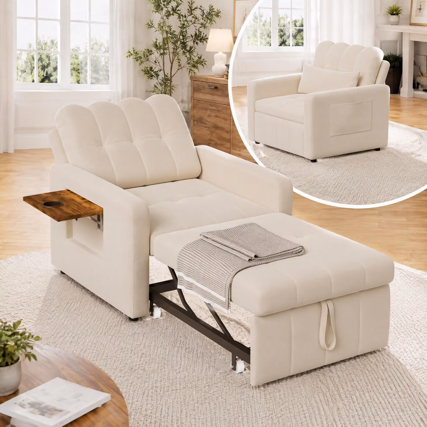INONEFT, poltrona reclinabile 3-in-1 con funzione letto, divano letto a scomparsa con schienale regolabile in 5 posizioni, poltrona letto per ospiti, in chenille, color beige