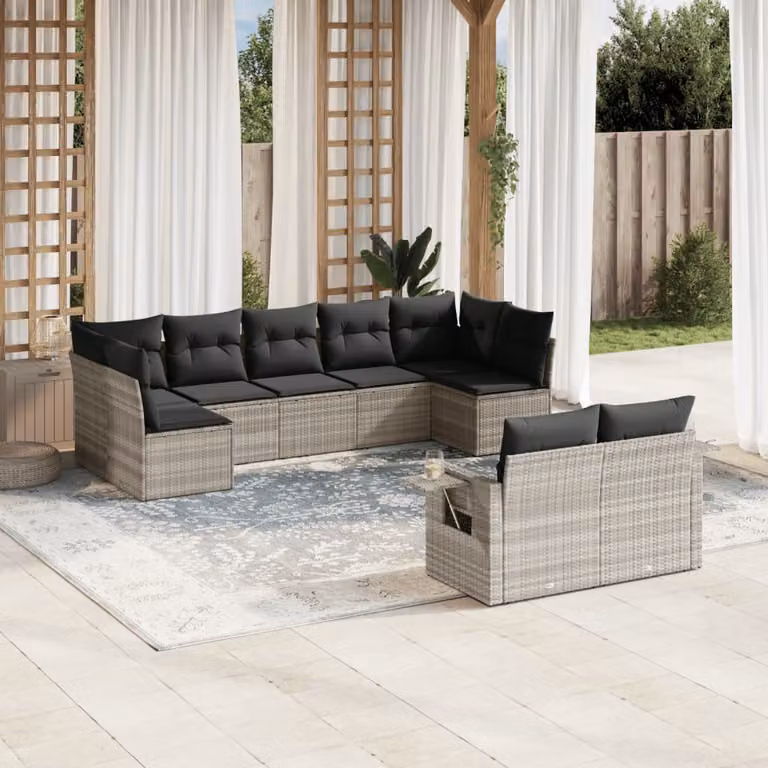 vidaXL Set Divano da Giardino a L in Polyrattan Grigio con Cuscini e Tavolino da Esterno 9pz