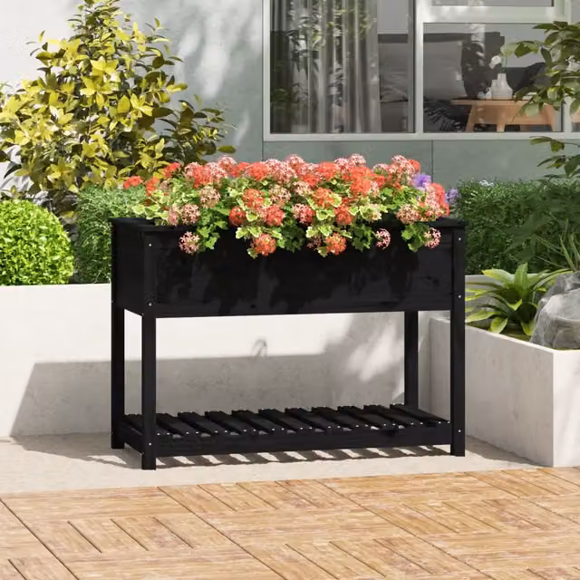 Fioriera con mensola Design Mania in legno massello di pino, colore nero, L: 111,5 cm, P: 54 cm, H: 81 cm – 1