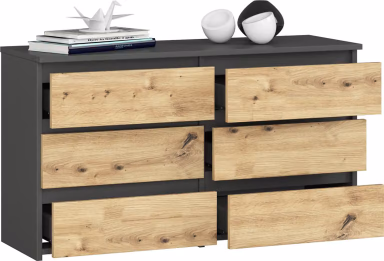 BDW, cassettiera, 6 cassetti, 100x57, armadio, credenza, grigio / rovere Artisan