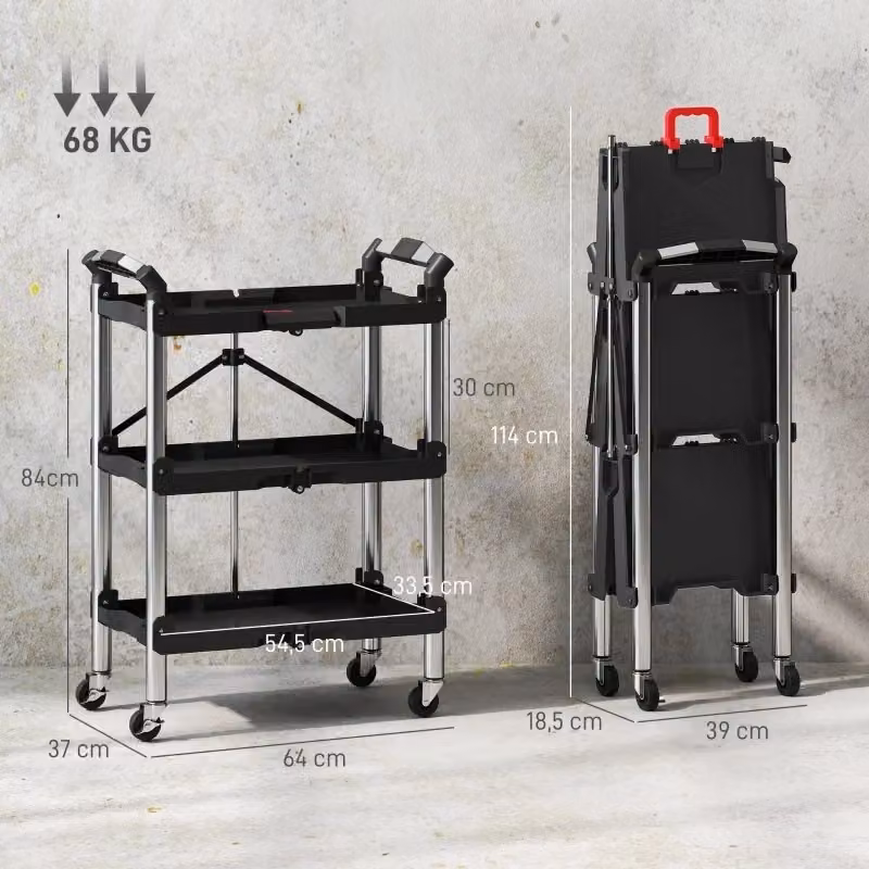 Carrello porta utensili pieghevole WISHDOR a 3 ripiani con ruote e maniglia, nero, portata 68 kg – 2