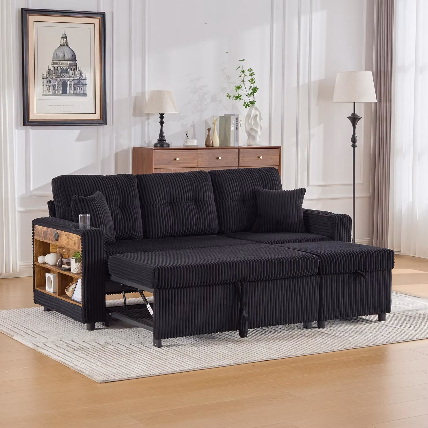 LVHOM divano letto 3 in 1 con USB e LED, divano a 3 posti con funzione letto, divano letto con ripiano laterale, divano modulare con pouf, tessuto a coste, nero