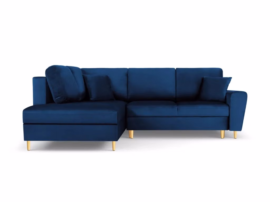 Divano angolare sinistro convertibile con contenitore Kyoto di Cosmopolitan Design in velluto blu e oro, 5 posti, L 243 cm x P 194 cm x H 88 cm – 2