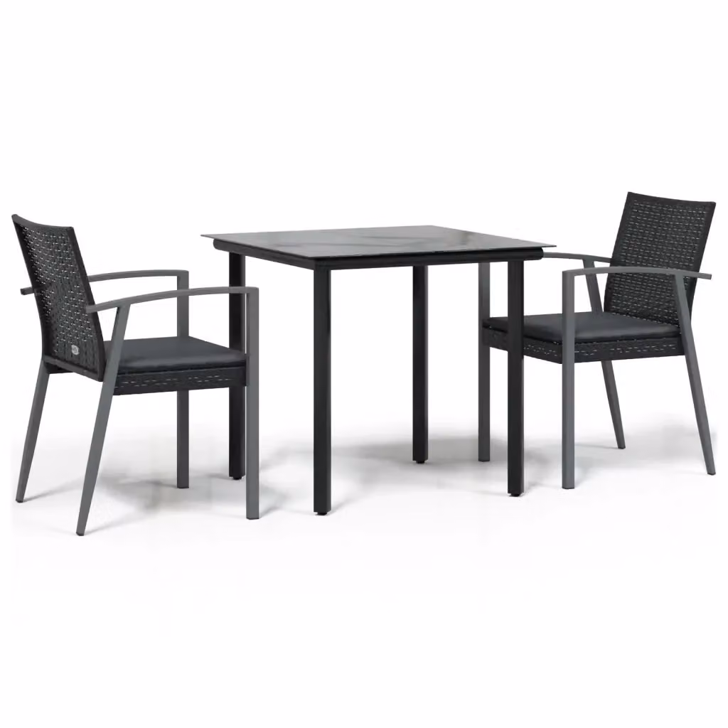 Set Pranzo da Giardino 3 Pezzi vidaXL in Polyrattan e Acciaio con Piano in Vetro Nero e Grigio – 2