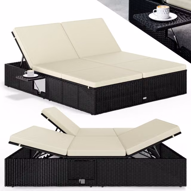 Lettino da giardino CASARIA in polyrattan nero e beige con poggiatesta regolabile e vassoio laterale L/P/H: 220 x 160 x 33 cm – 1