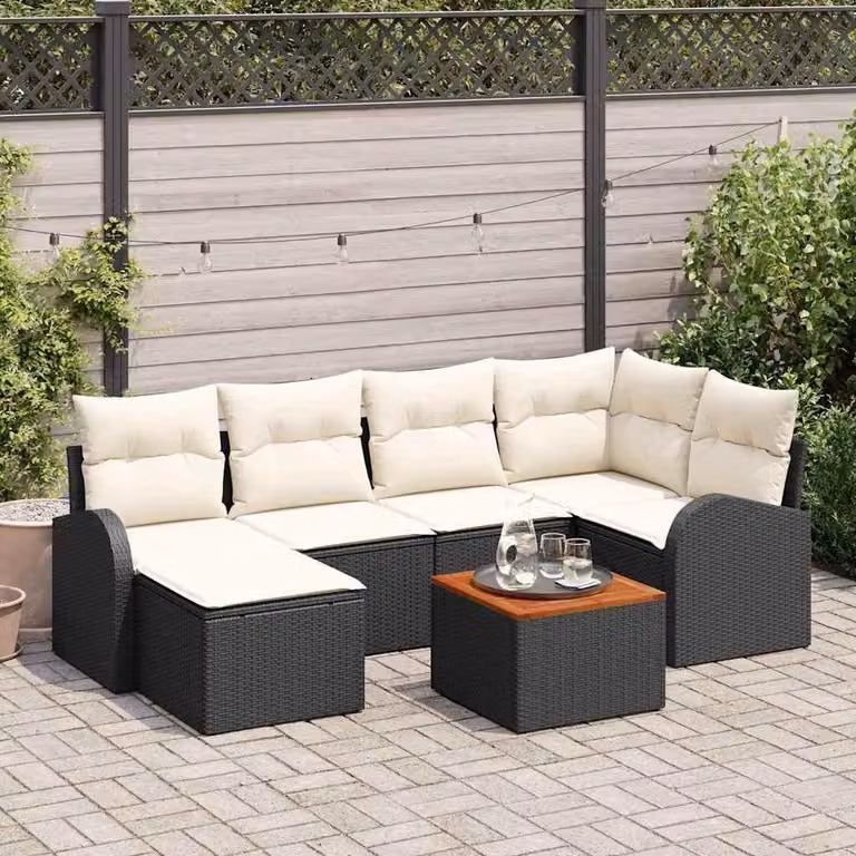 Maison Exclusive - Set da giardino composto da 7 pezzi. Divano e poltrone in rattan sintetico nero e crema