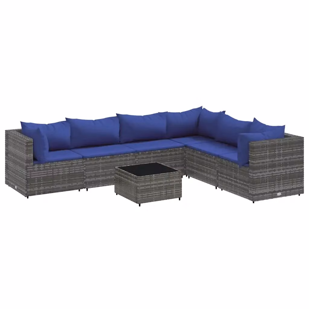 Set Divani da Giardino vidaXL 7 pz con Cuscini e Tavolino in Polyrattan Grigio e Blu – 2