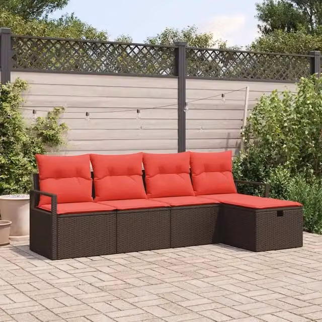 Set Divano da Giardino a L con Poltrona e Tavolino vidaXL, 5 Pezzi in Polyrattan Marrone con Cuscini Inclusi – 1