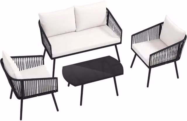Set bistr¨° da conversazione in corda PE intrecciata con cuscini e tavolino-Set di mobili da giardino a 4 pezzi in vetro temperato Nero