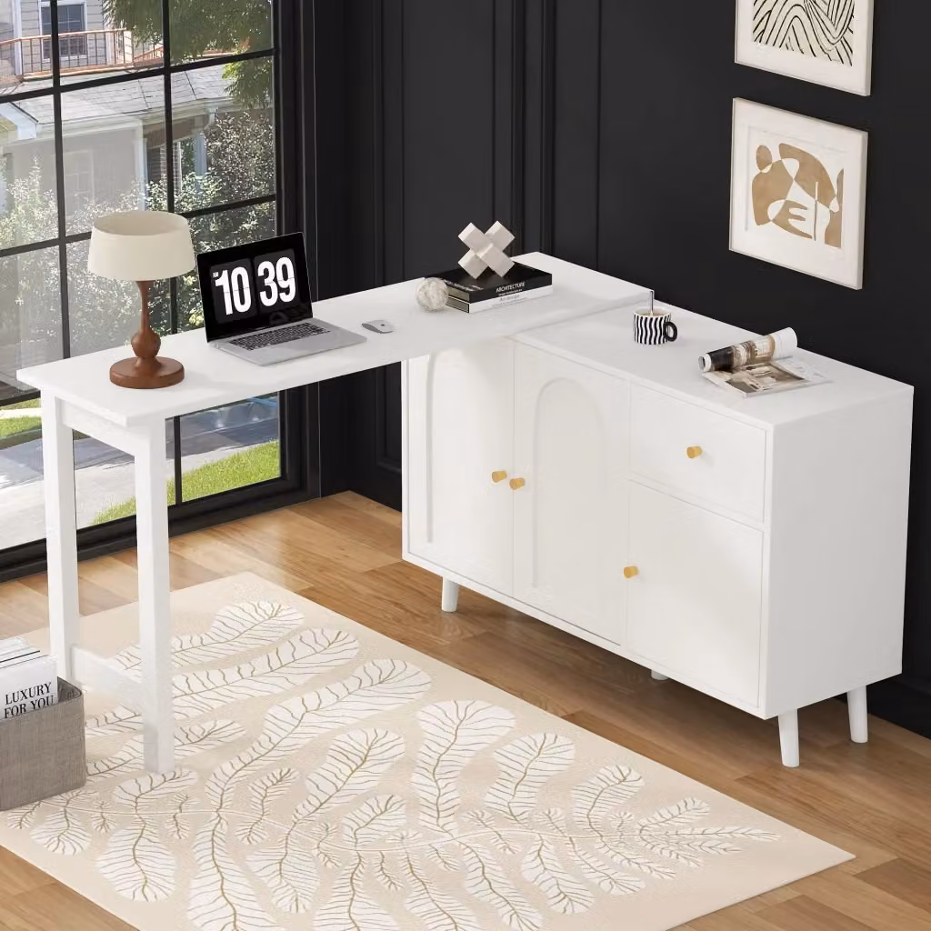 Scrivania multifunzione 2 in 1 WISHDOR con sideboard girevole 360°, 3 ante e 1 cassetto, colore bianco e oro – 2
