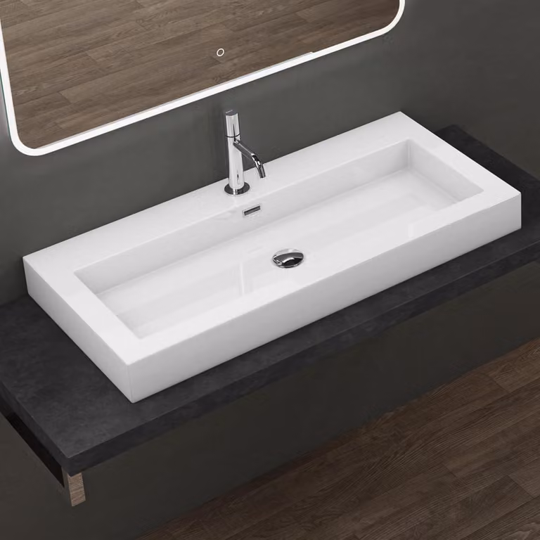 doporro Lavabo da Appoggio Rettangolare, Lavabo Bagno Sospeso con Foro Rubinetto e Troppopieno in Marmo Resina Bianco Lucido, Lavandino Bagno 100x48x10cm Colossum18