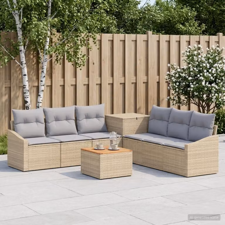 Set di divani da giardino vidaXL in polyrattan 8 pezzi con tavolino e cuscini, colore beige e grigio chiaro