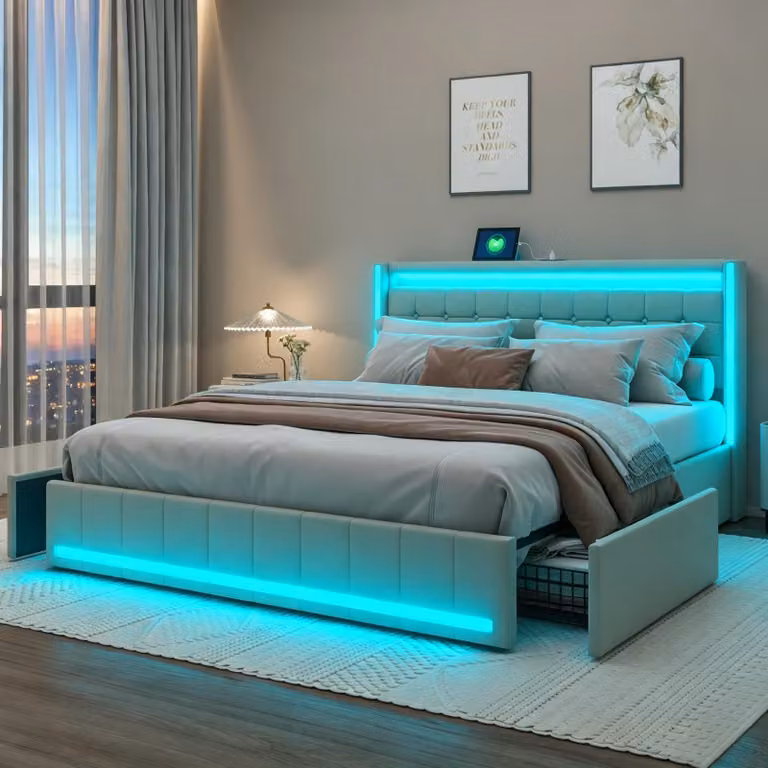 Letto contenitore 160x200 cm, letto con spazio contenitore, 4 cassetti, letto imbottito con LED e USB, struttura del letto matrimoniale con rete a doghe, letto per ragazzi, colore: lino, beige