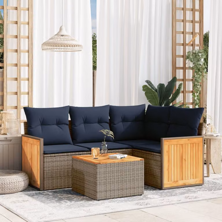 Set da giardino vidaXL in polyrattan composto da 5 pezzi con cuscini grigi e blu, design moderno a forma di L con tavolo da caffè e struttura in legno di acacia e metallo