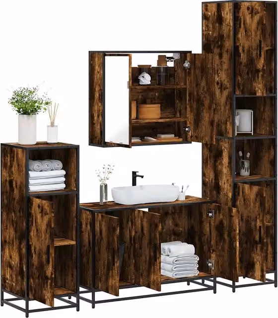 Set di mobili da bagno industrial vidaXL 4 pezzi in legno e metallo marrone con illuminazione LED, composto da armadietto con specchio, mobile lavabo, armadietto laterale e colonna alta, L/P/H: 90 x 33 x 60 cm – 2