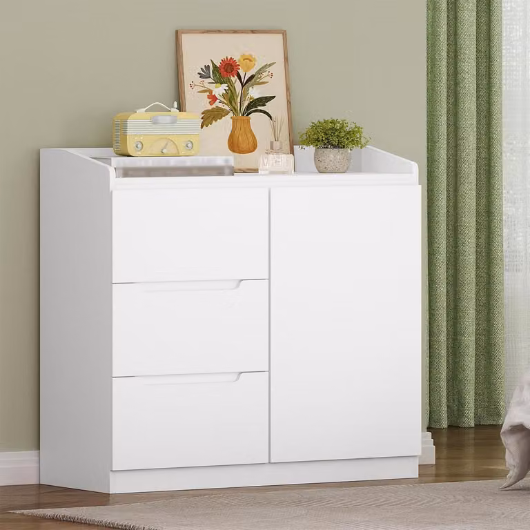 Comodino con 3 cassetti e 1 anta, colore bianco, dimensioni 87x80x40 cm
