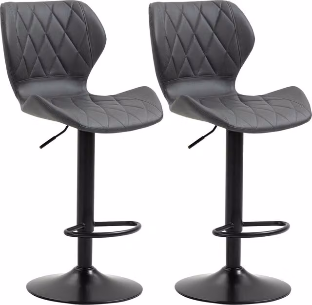 Set di 2 Sgabelli da Bar Alti in Finta Pelle Grigio con Altezza Regolabile, Girevoli con Schienale e Poggiapiedi, L/P/H: 46.5 x 49.5 x 92-113 cm