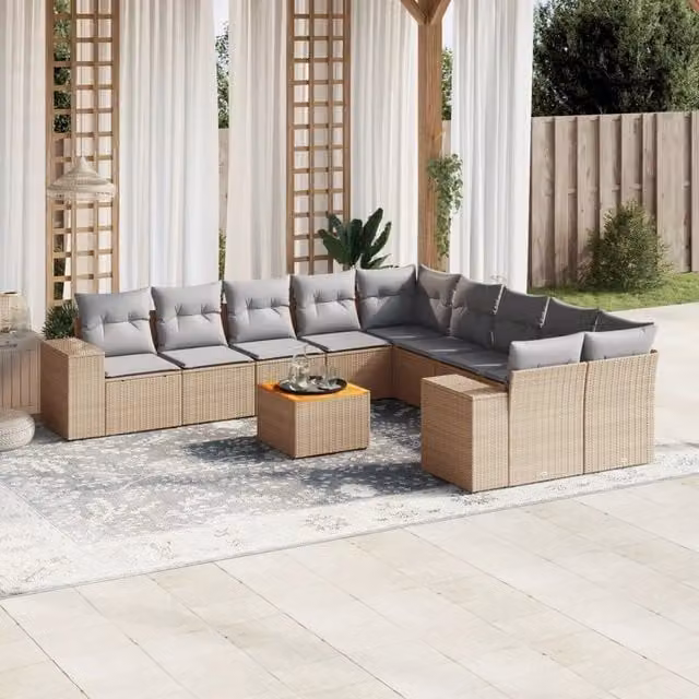 vidaXL Set Divani da Giardino a L in Polyrattan con Cuscini Beige e Grigio e Tavolino da Caffè – 1
