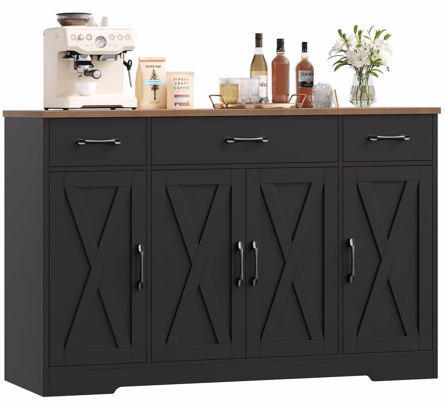 Mobile contenitore da 140 cm di larghezza, con 3 cassetti e 4 ante, disponibile nei colori nero e marrone