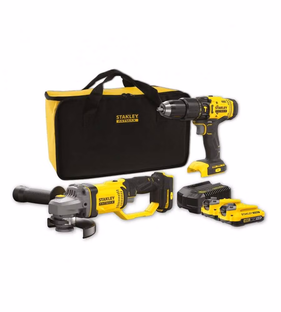 Stanley Kit V20 con Trapano a Percussione Brushless e Smerigliatrice Angolare 18V Giallo – 2