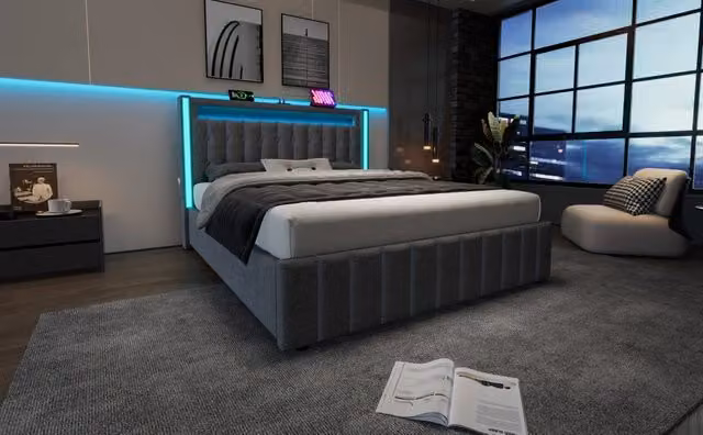 Letto matrimoniale imbottito in lino grigio 160×200 cm con 4 cassetti, luce LED, 3 porte USB e USB-C, rete a doghe in legno, senza materasso
