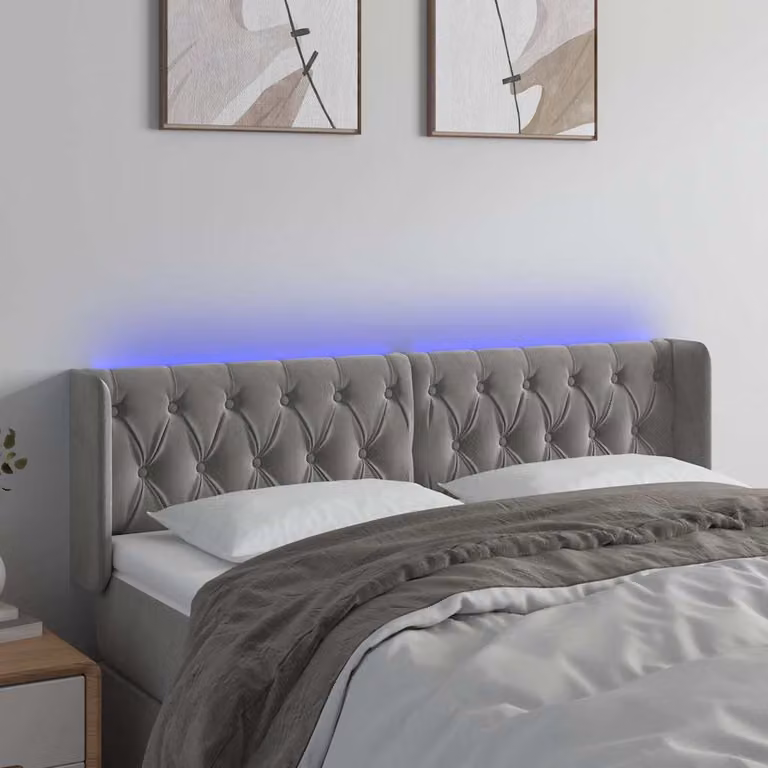 Testiera per letto vidaXL in velluto grigio chiaro con illuminazione LED e porta di ricarica USB, L 147 x P 16 x H 78/88 cm
