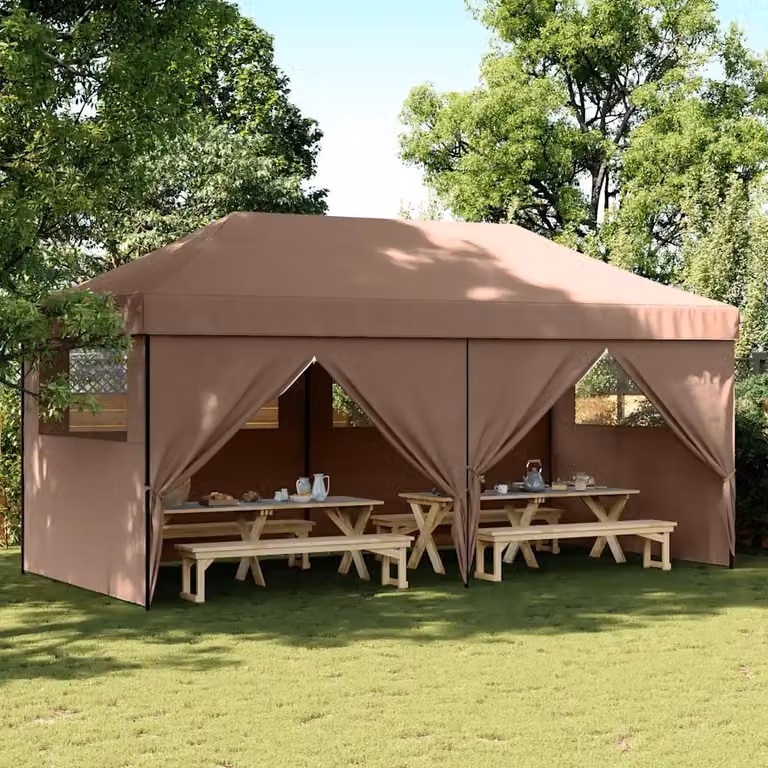 Tendone per feste pieghevole pop-up vidaXL con 4 pareti marrone, nero e trasparente in acciaio e poliestere con finestre in PVC L/P/H: 580 x 292 x 315 cm