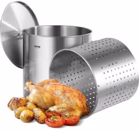 Pentola per salse VEVOR in acciaio inox con cestello e coperchio, capacità 94,6 l, argento