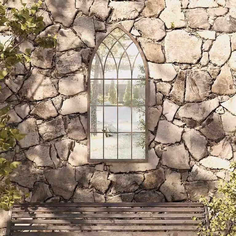 Specchio da giardino vidaXL in metallo e vetro, colore beige, da appendere al muro, L: 100 cm, H: 45 cm