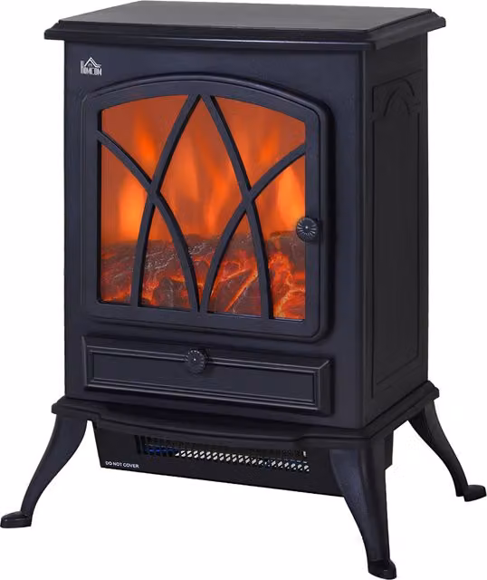 Camino Elettrico con Effetto Fiamma Stile Retrò HOMCOM, Termostato 1000-2000W e Luce Regolabile, Nero