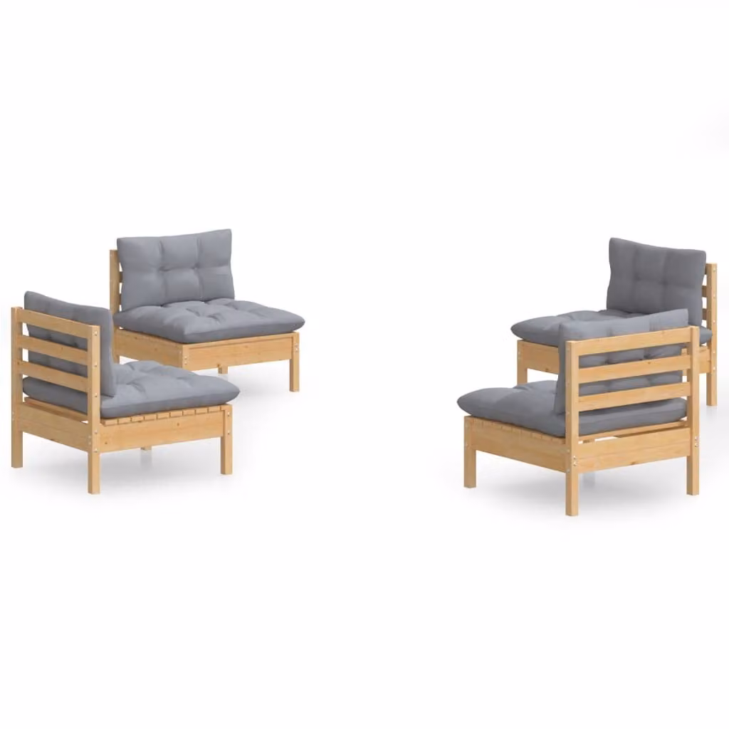Set Divani da Giardino 4 pz con Cuscini Grigi Massello di Pino