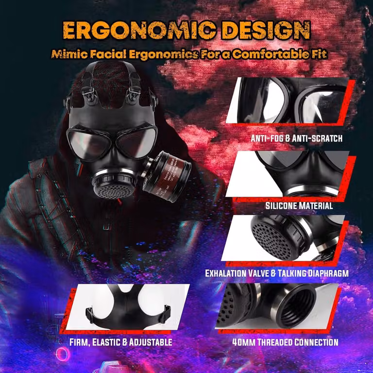 Maschera antigas a copertura totale con filtro in carbone attivo da 40 mm, design tattico, per la protezione da gas