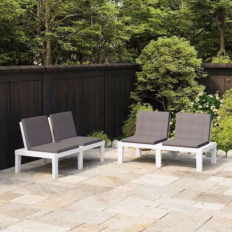 Set di 2 panchine da giardino vidaXL in plastica con cuscini in tessuto, colore bianco e antracite
