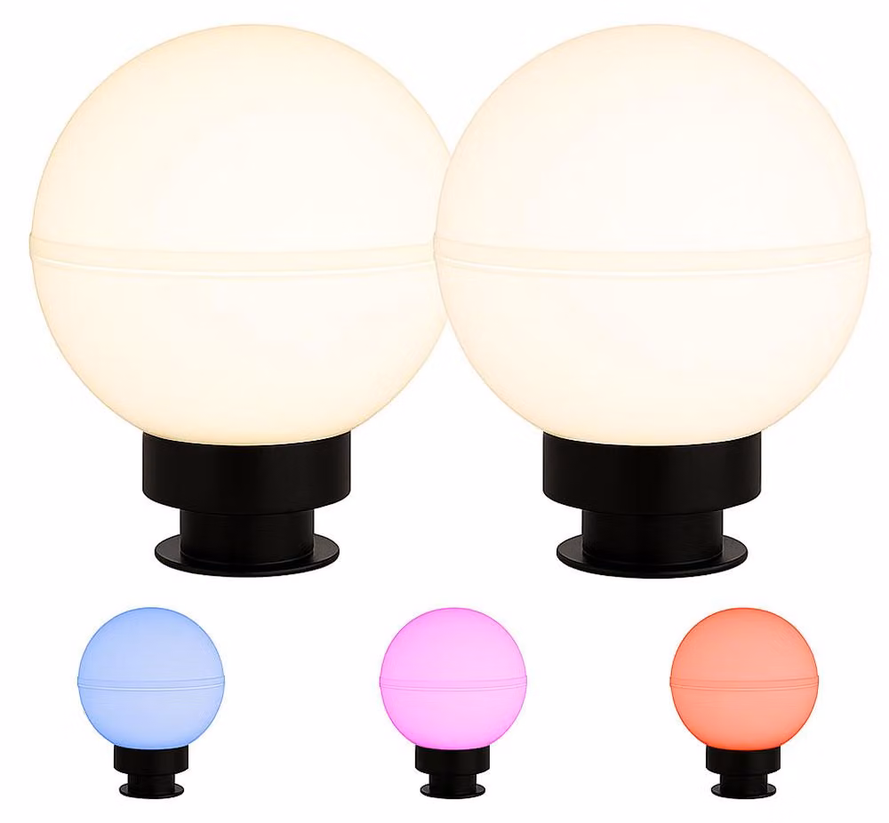 2 luci a LED RGB a forma di sfera, colore bianco, con picchetto da terra, cavo, diametro 20 cm