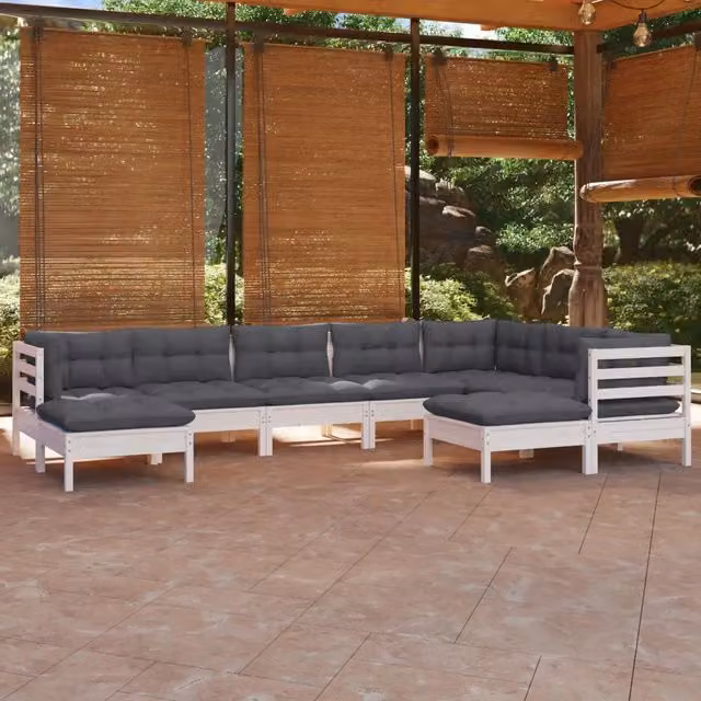 Set Divani da Giardino 9 pz con Cuscini Bianchi Legno di Pino 3096708